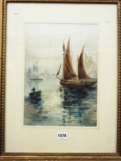 H.G. Hine - watercolour Fishing Trawlers and Figures in a Rowboat - 13 ½” x 9 ½”