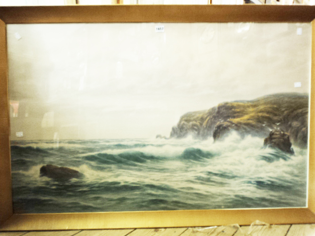 Arthur Dean - a gilt framed watercolour coastal seascape with gulls on rocks - 27” x 3’ 7”