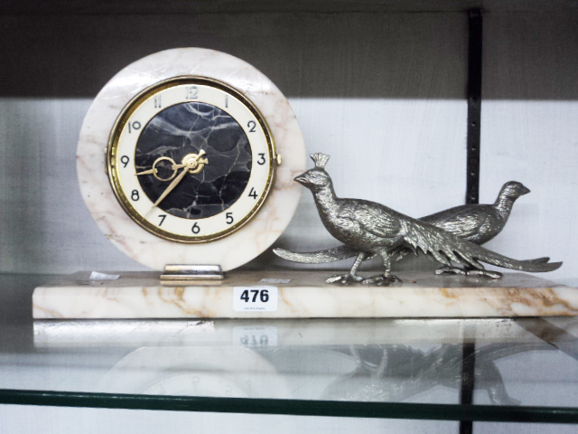 A 1930’s marble cased mantel timepiece mounted with two silver plated models of pheasants