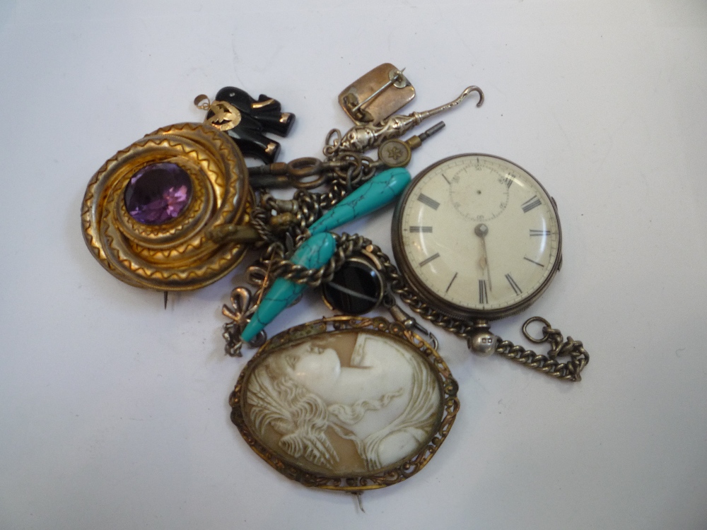 A BOX OF ASSORTED VICTORIAN JEWELLERY, etc