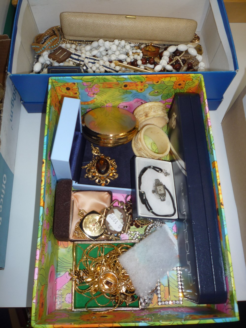 TWO BOXES OF MIXED COSTUME JEWELLERY, etc