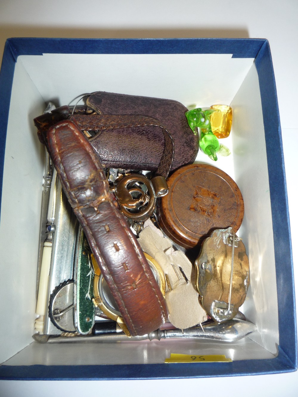 A BOX OF MISCELLANEOUS, including penknives, fobs etc