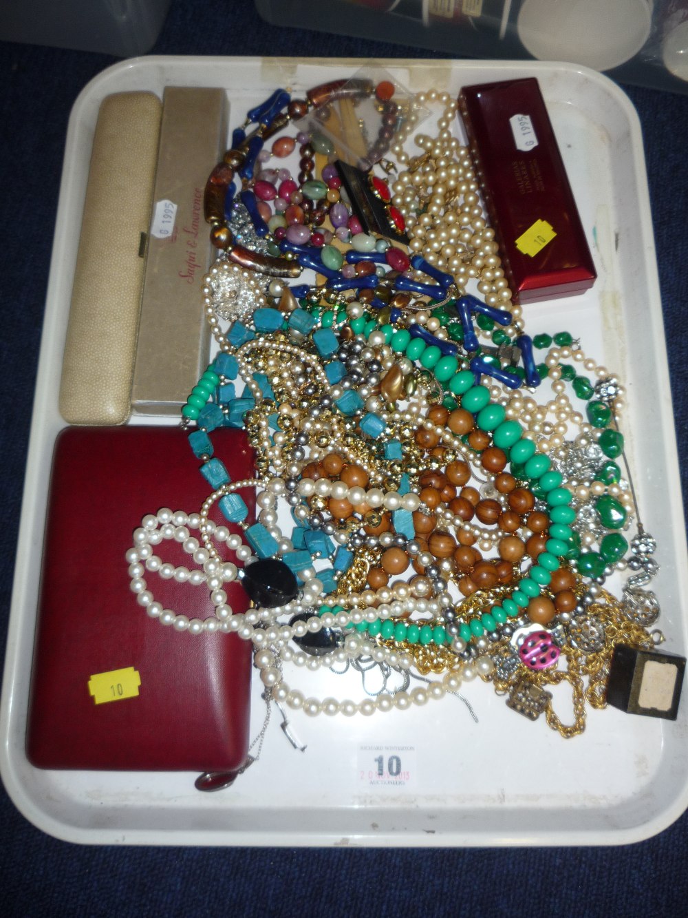 A TRAY OF COSTUME JEWELLERY, etc