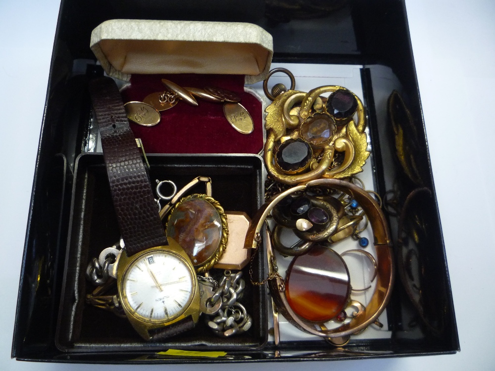 A TRAY OF MIXED VICTORIAN GOLD JEWELLERY, silver costume jewellery etc