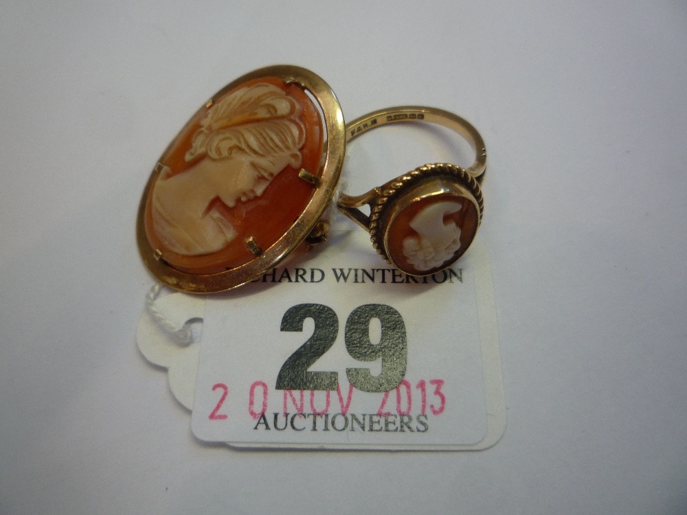 A 9CT CAMEO RING, and a 9ct cameo brooch (2)