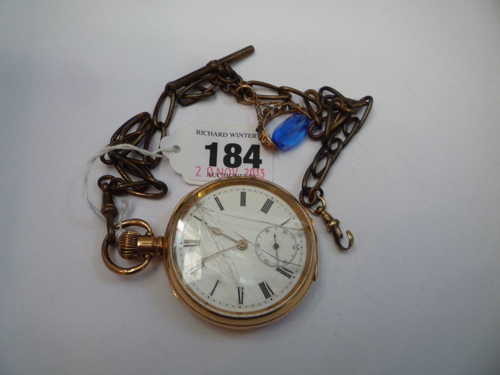 A GOLD PLATED POCKET WATCH, chain and fob (glass broken) (3)