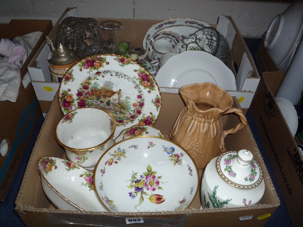 TWO BOXES OF CERAMICS AND GLASS, Royal Albert, Sylvac jug, Caverswell bowl etc