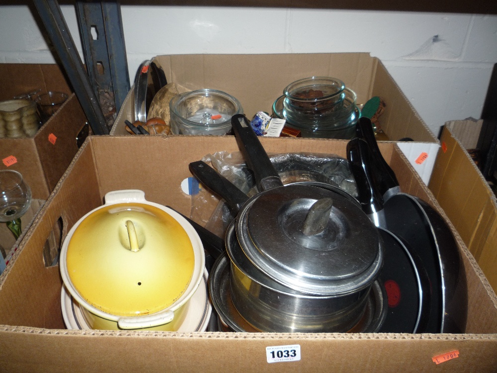 TWO BOXES OF KITCHEN ITEMS ETC, to include `Le Creuset`