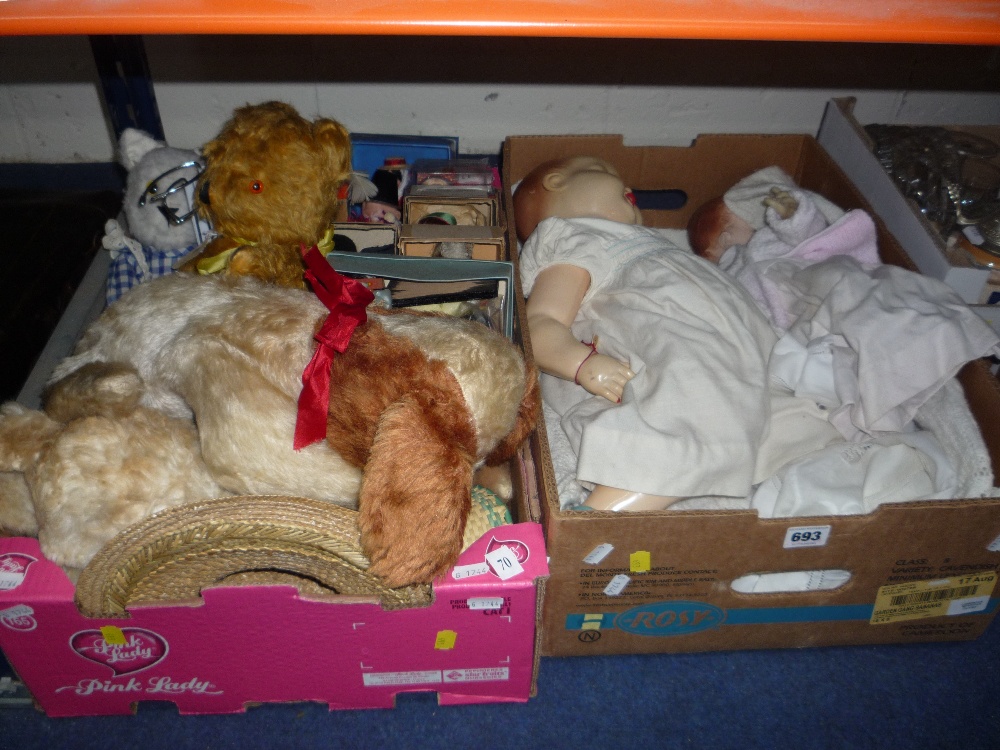 TWO DOLLS, various soft toys and boxed collectors dolls