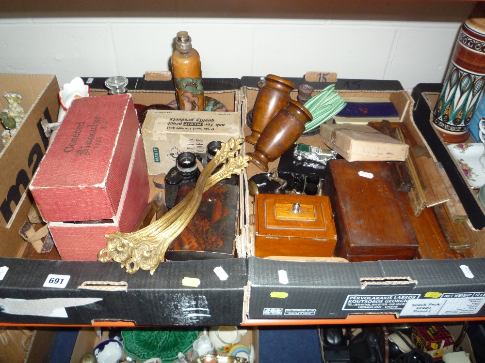 TWO TRAYS OF MISCELLANEOUS, rulers, boxes, binoculars etc