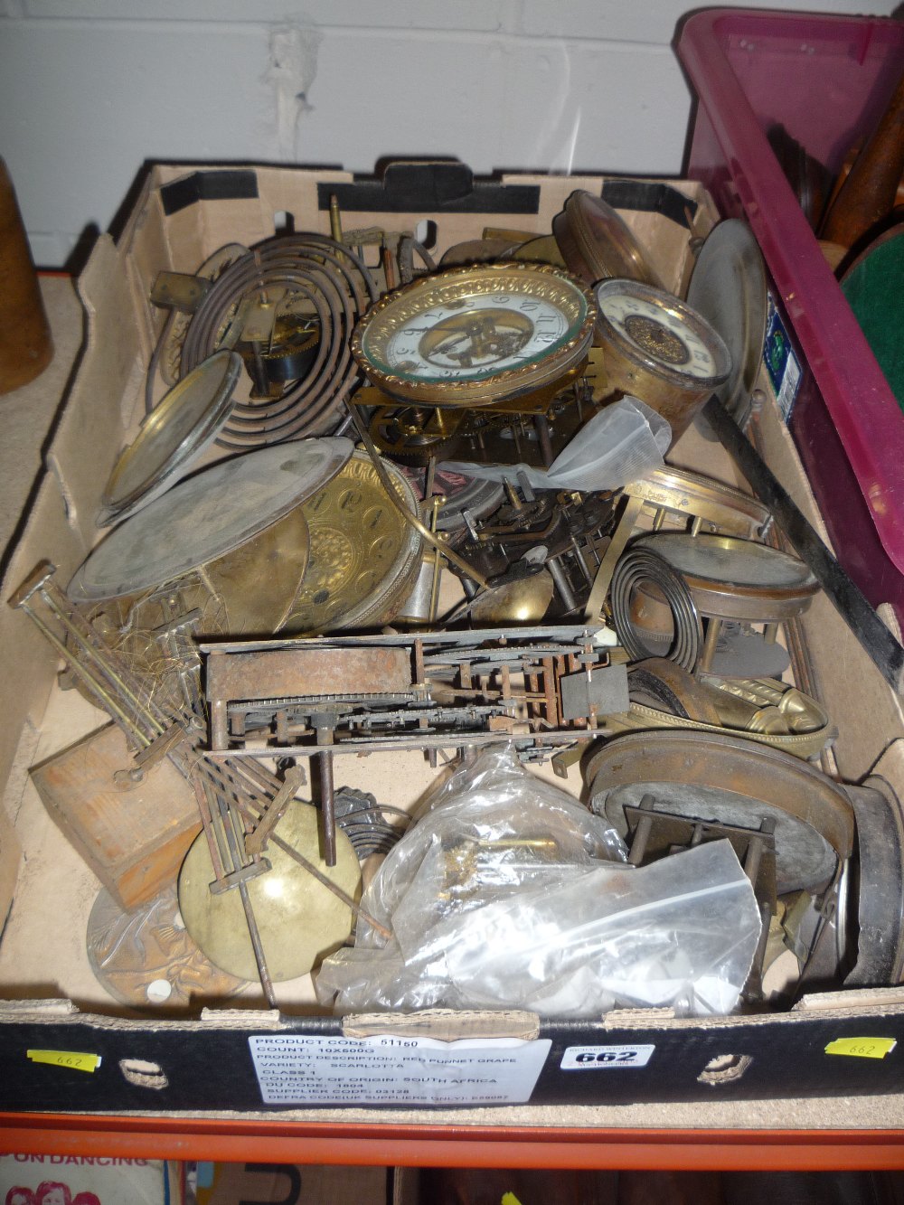 A BOX OF VARIOUS CLOCK PARTS, DIALS, etc