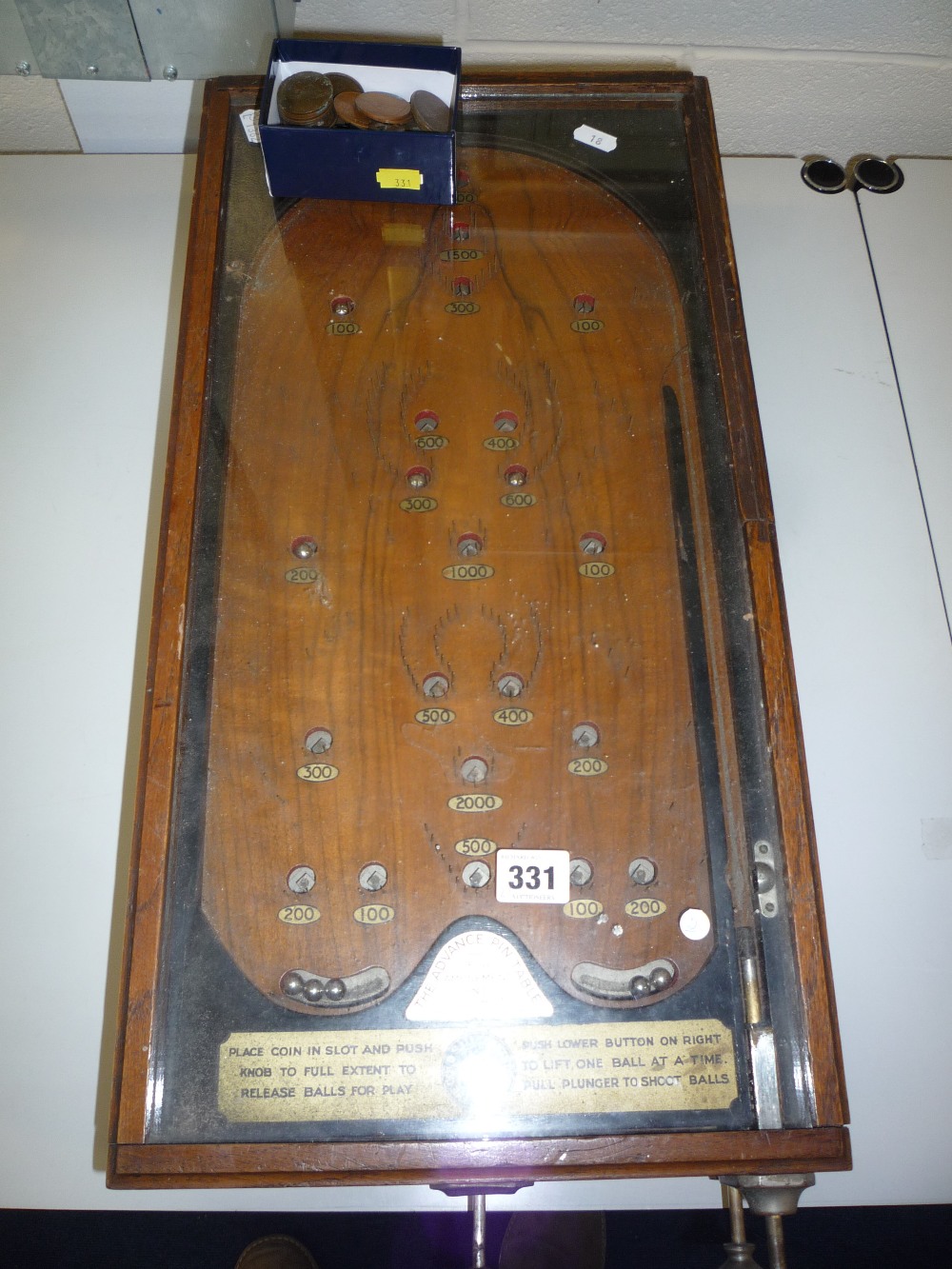 A WOODEN CASED ADVANCE PIN TABLE, c.1950`s, length approximately 55cm, no key