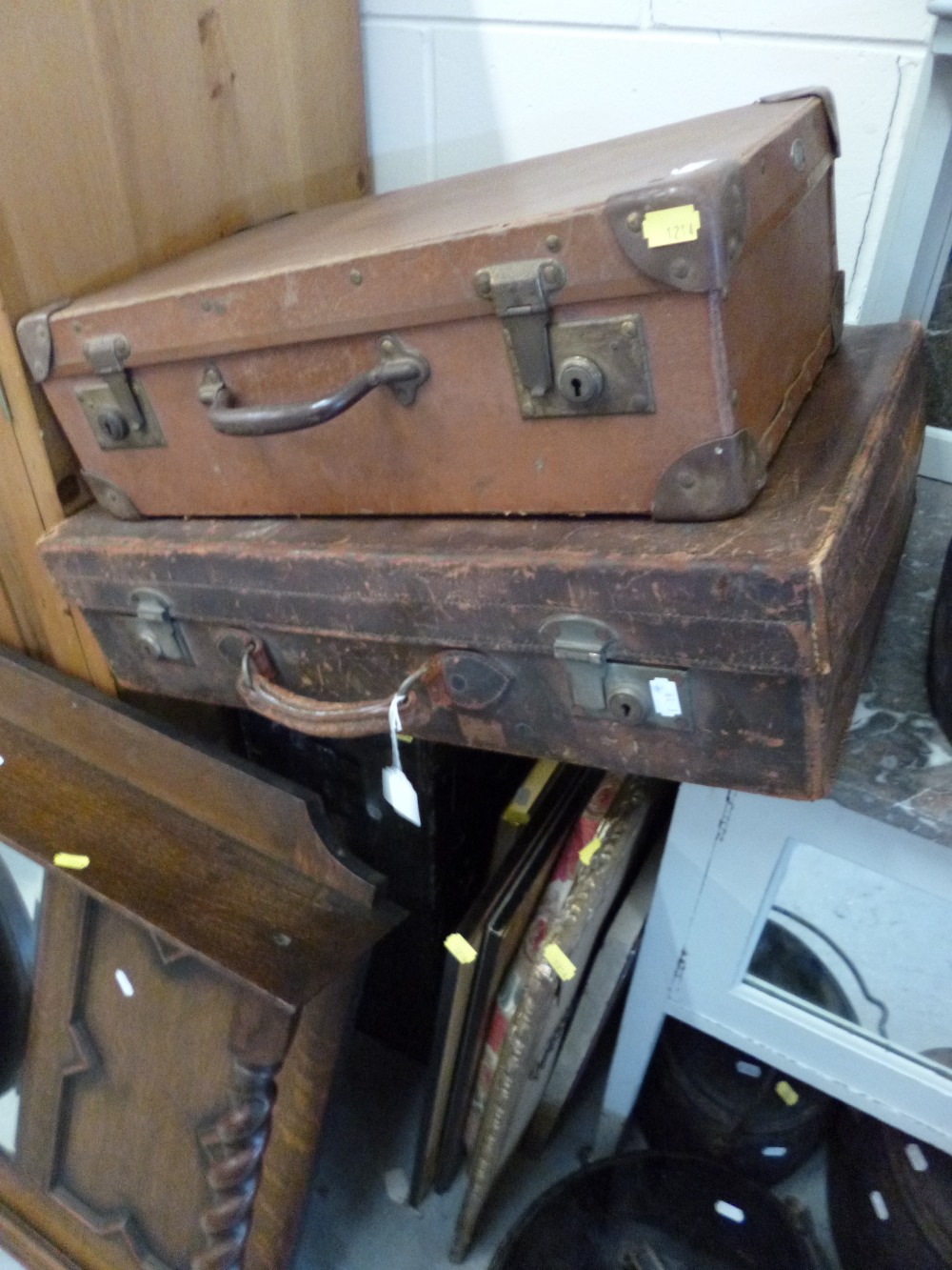 A LEATHER SUITCASE, another suitcase, a carpenter`s box and seven various pictures and mirrors (10)