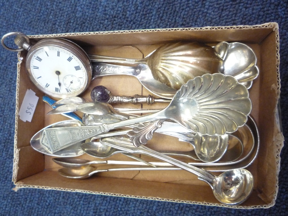 A MIXED LOT OF SILVER, including spoons, watch etc