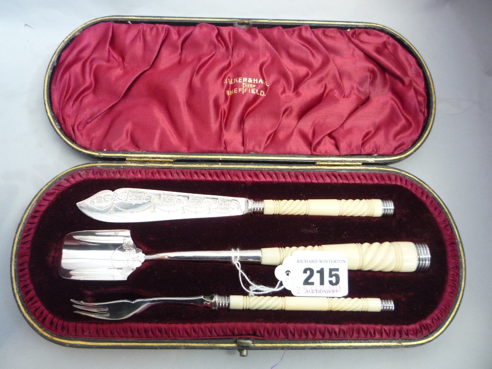 A CASED VICTORIAN WALKER & HALL PLATED TRIPLE FLATWARE SET, ivory handles, to include a stilton