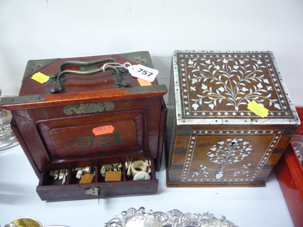 AN INLAID BOX, and an oriental games chest (2)