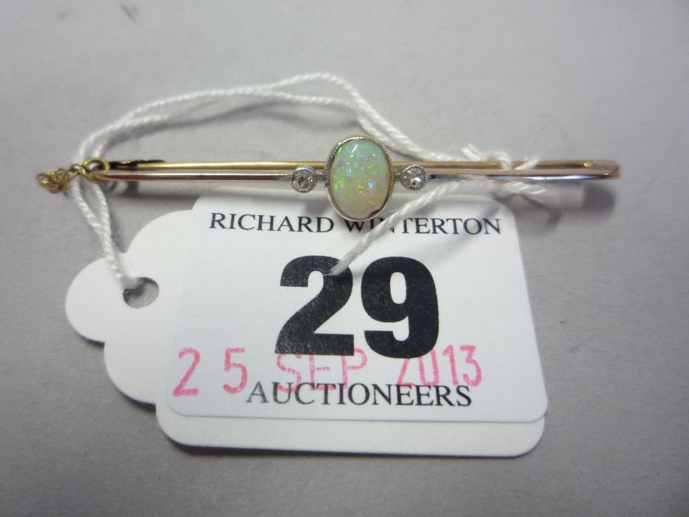 A 9CT OPAL AND DIAMOND BAR BROOCH