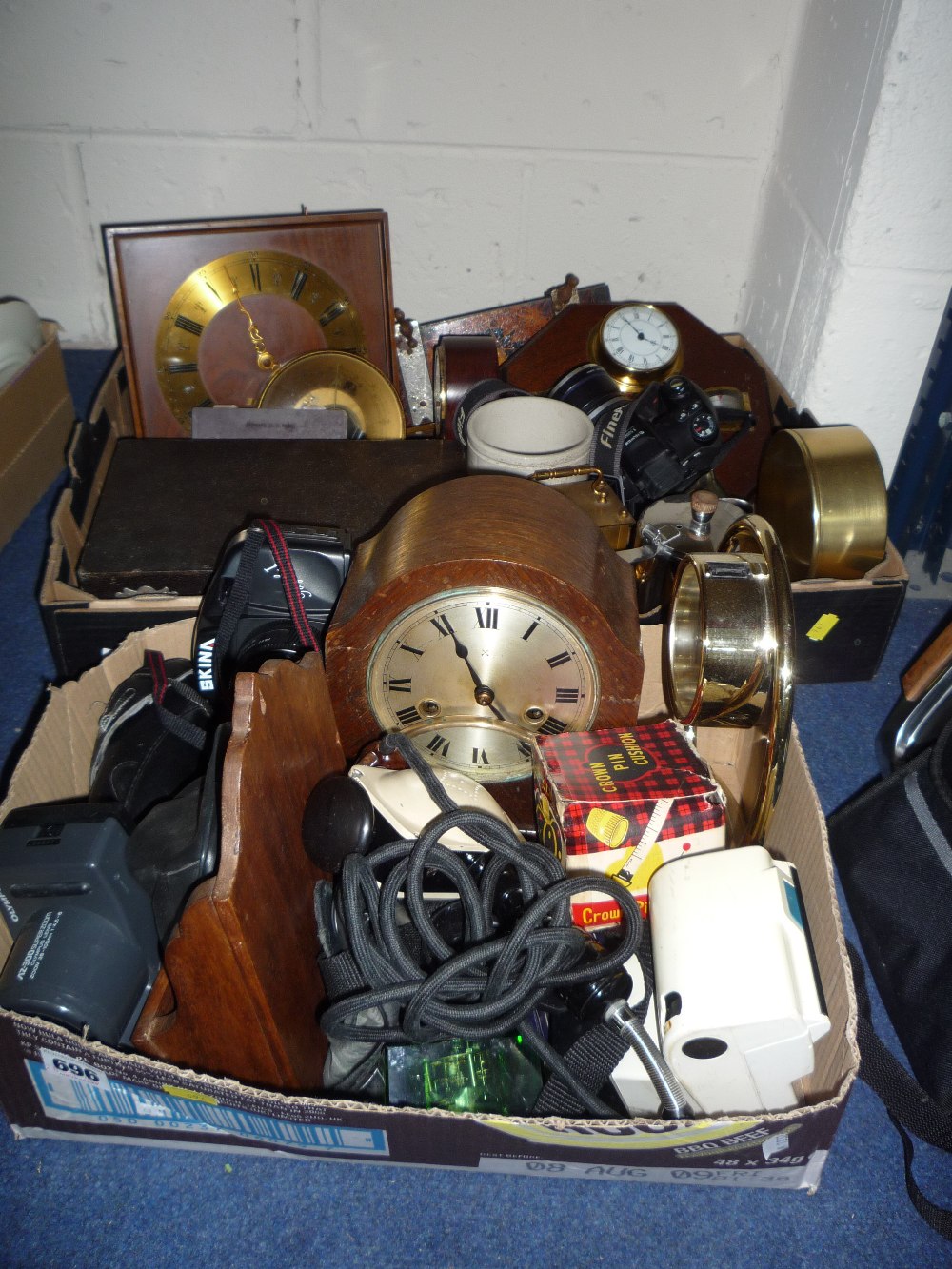 TWO BOXES OF CLOCKS, CAMERAS, etc