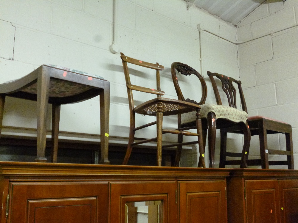 A GEORGIAN DINING CHAIR, a Victorian dining chair, another chair and a stool (4)