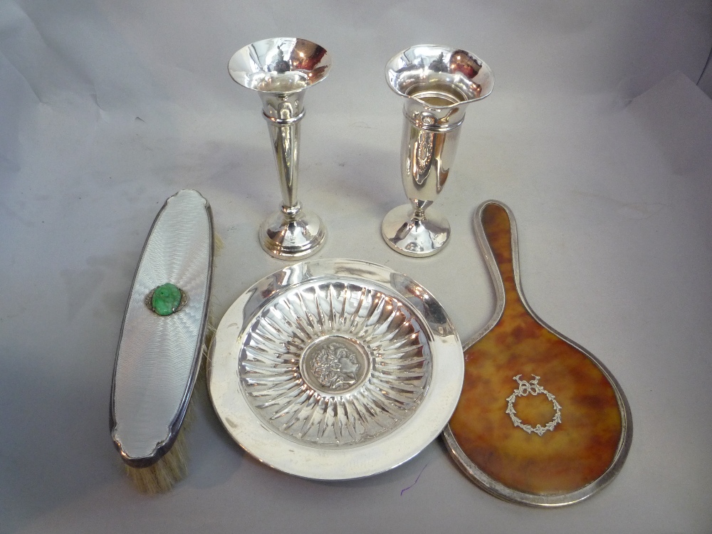 FIVE ASSORTED ITEMS OF SILVER, to include a jade and marcasite set brush, holloware etc (5)