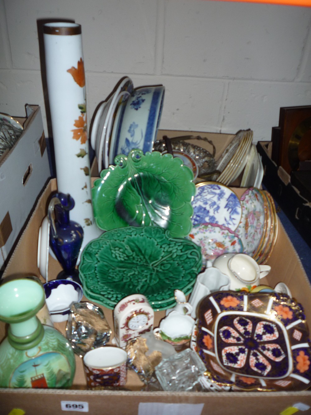 TWO BOXES OF CERAMIC AND GLASS, Royal Crown Derby 1128 dish (s.d.), Masons timepiece etc