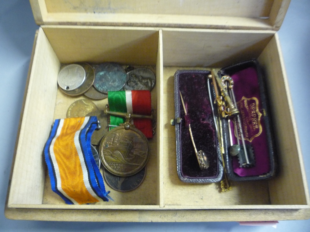 A mixed lot of stick pins, coins, medals etc