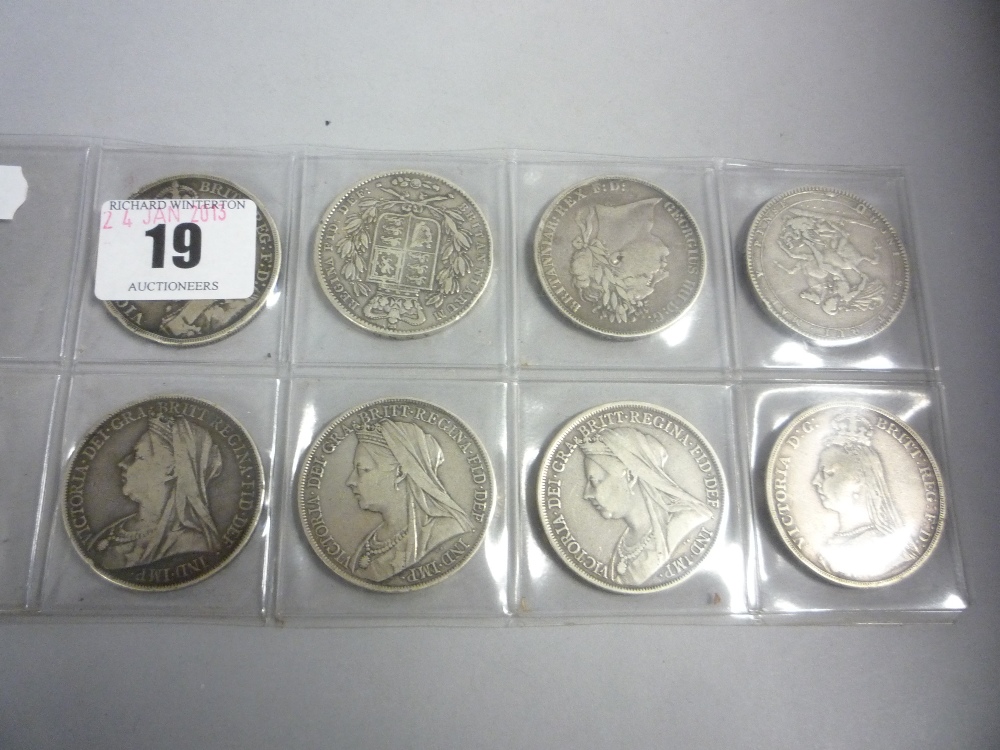 A group of 8 Crowns 1819, 1821, 1847, 1889, 1891, 1893 LVI edge, 2 x 1900 LXIV edge, fine and better