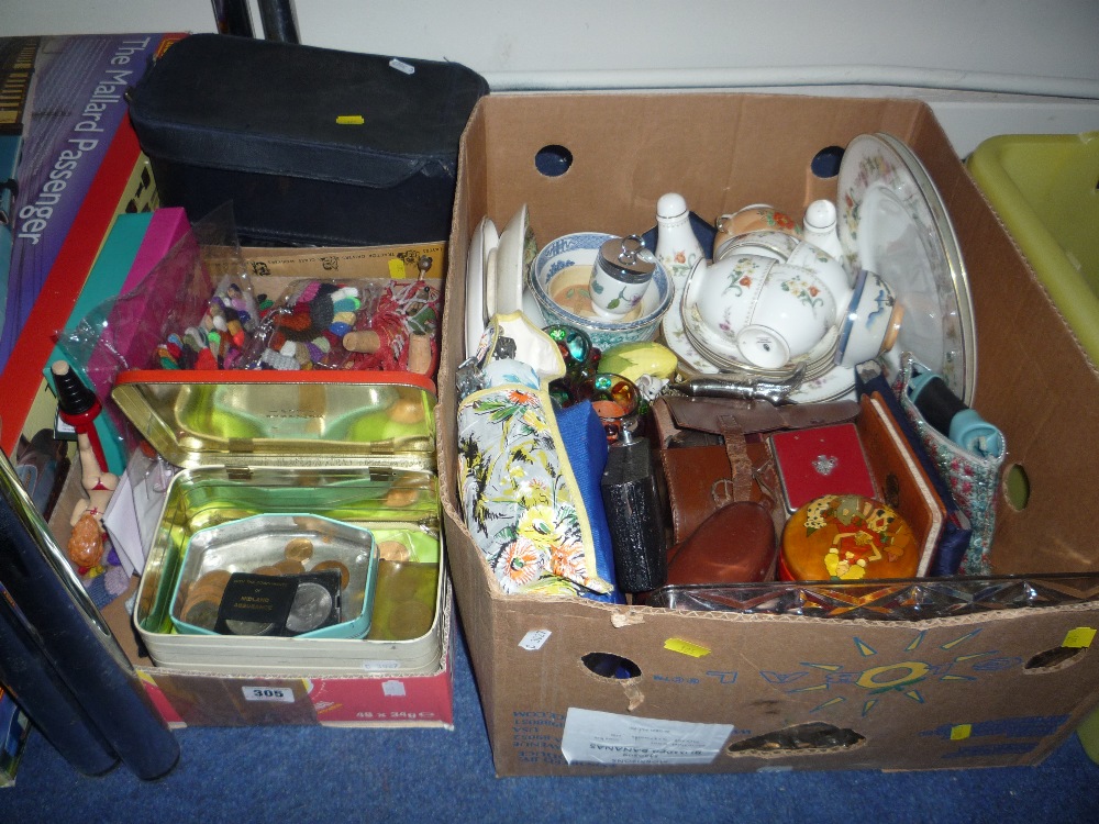 Four boxes of ceramics, glass, shoes, coins etc