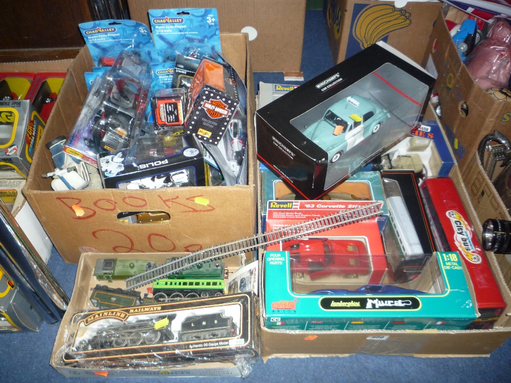Three boxes of boxed/loose die-cast cars, motorbikes, trains etc