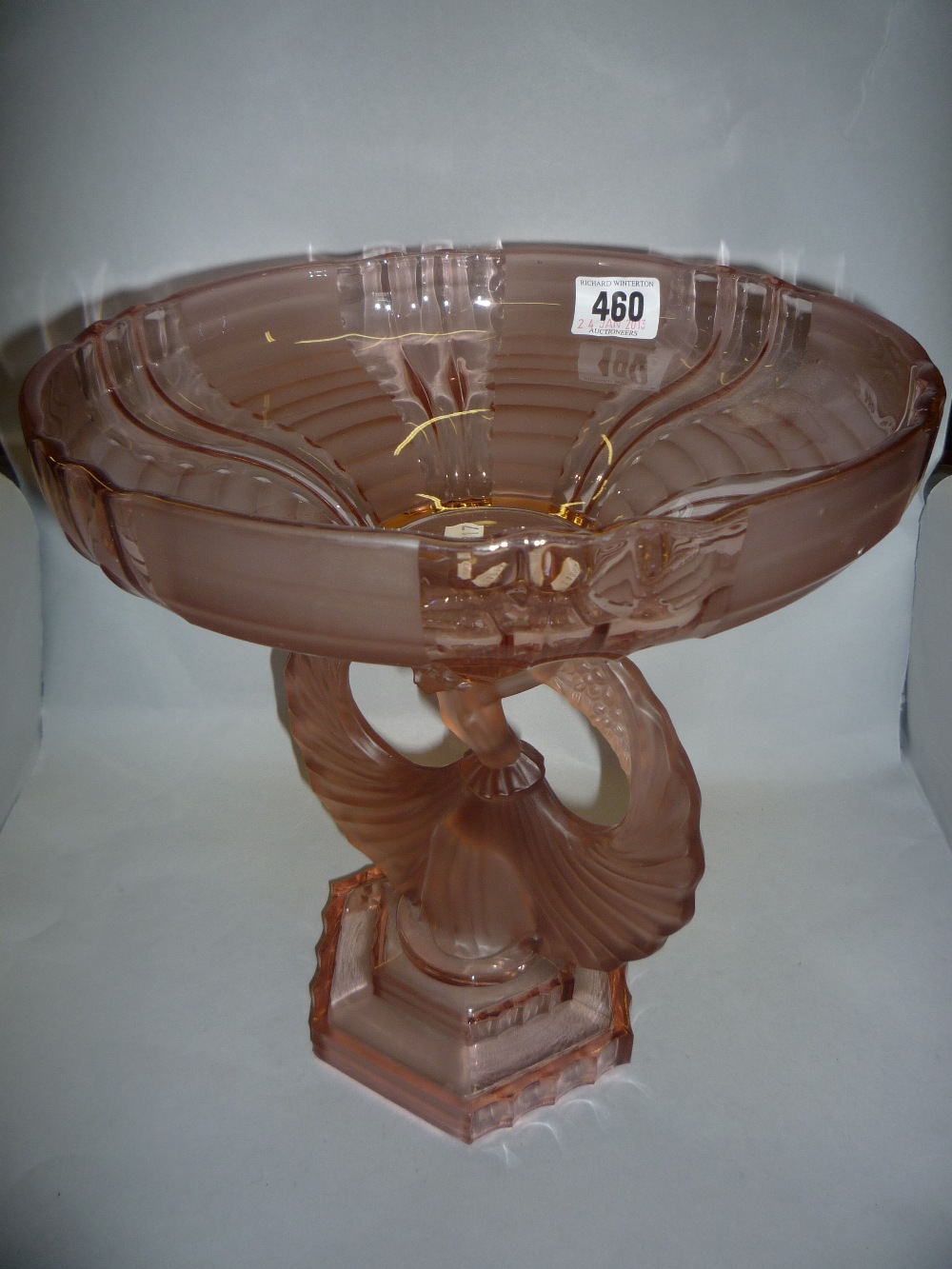 An Art Deco pink moulded glass centrepiece