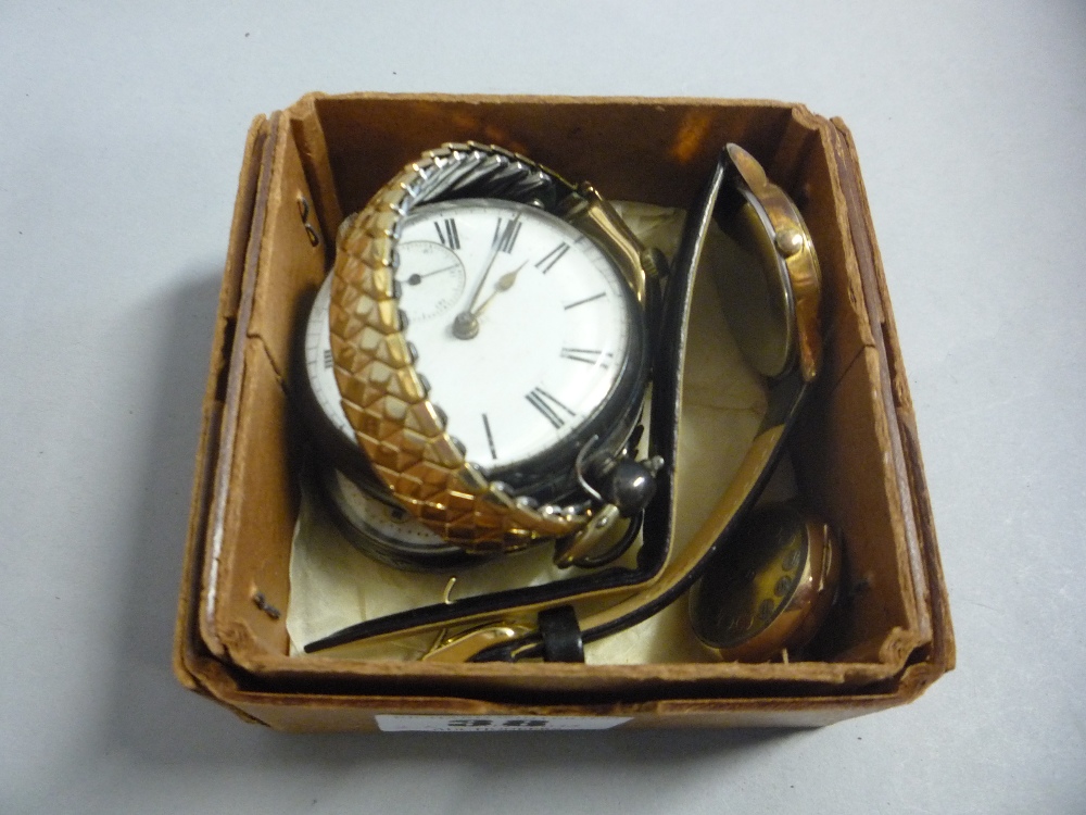 Two gold wristwatch heads, two silver pocket watches and another (5)