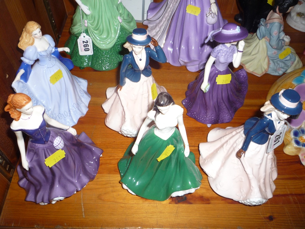 Six Royal Worcester figures, `Amelia` x2, `Charlotte`, `Caitlin`, `Isla`, and `Emily`