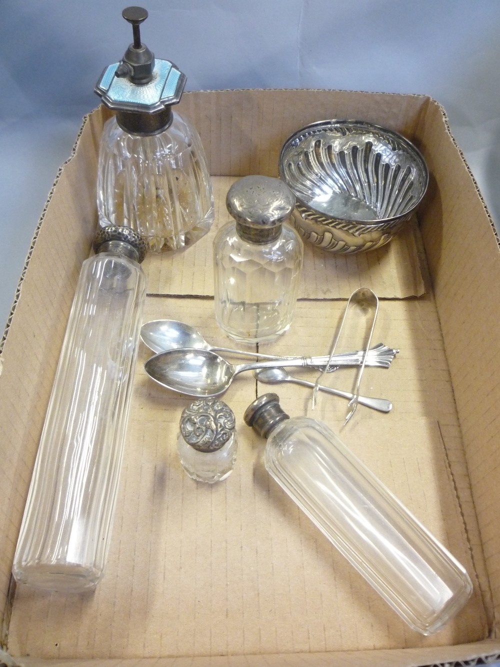 Glass and silver topped dressing table jars and other silver