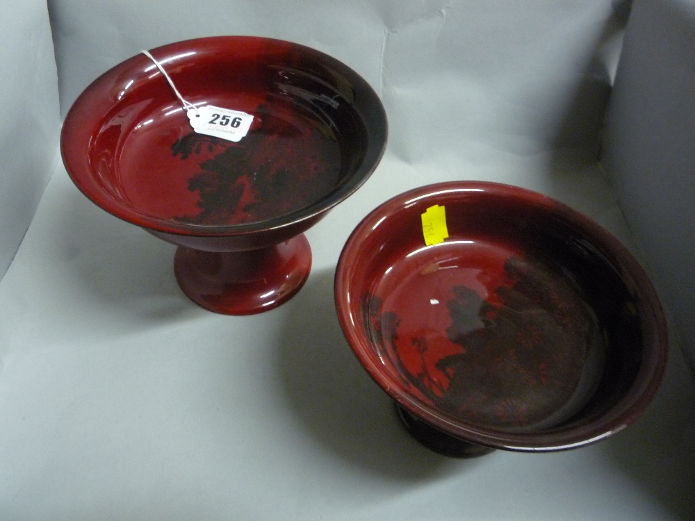 Two Royal Doulton flambe graduated footed bowls, printed rural scenes, height of largest 13cm (2)