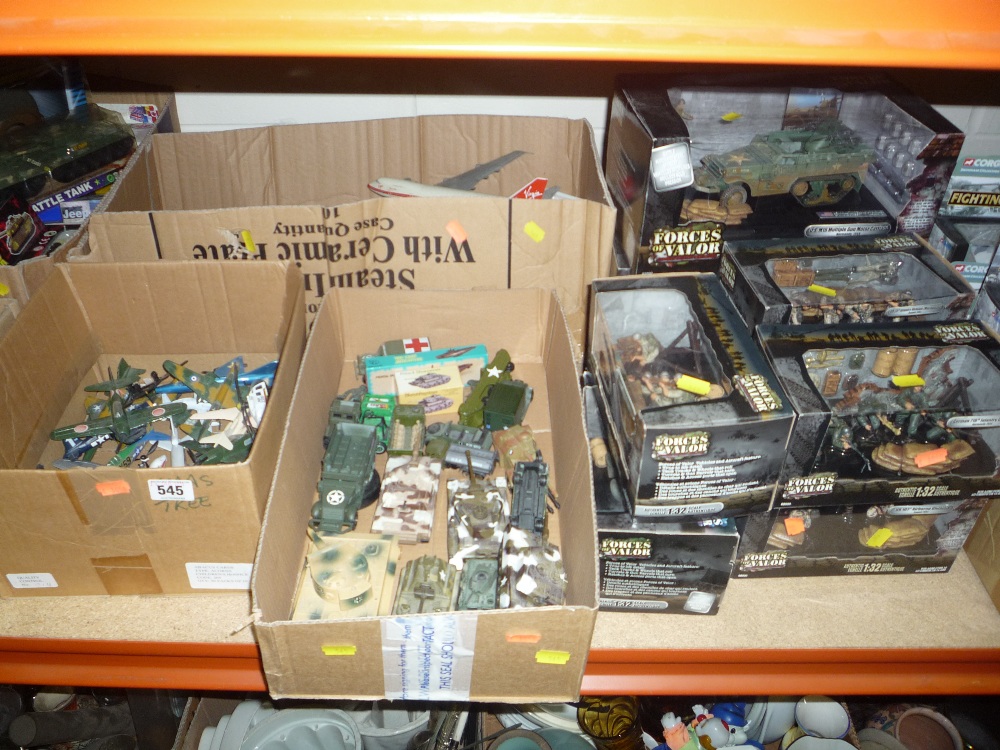 Three boxes and loose die-cast boxed and unboxed military vehicles (Forces of Valor) and aircraft