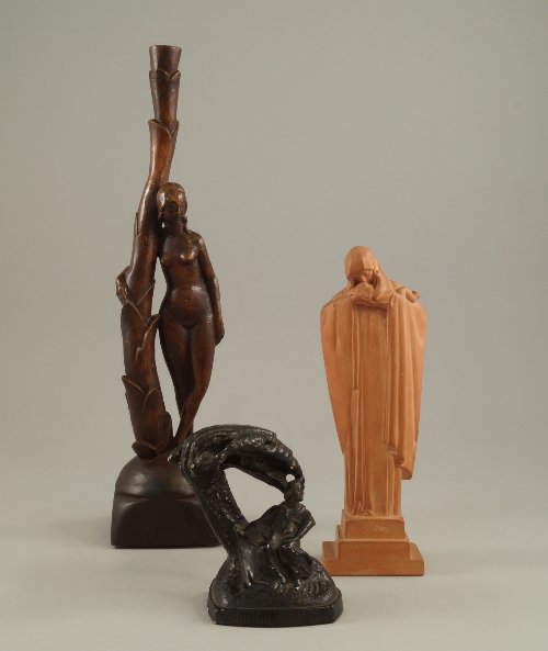 Otto Hitzberger, German b.1878- Standing female nude by a tree; carved wooden figural lampbase,