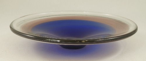 A Murano blue and amethsyt clear cased glass dish, c.1960, of circular form, the centre of blue