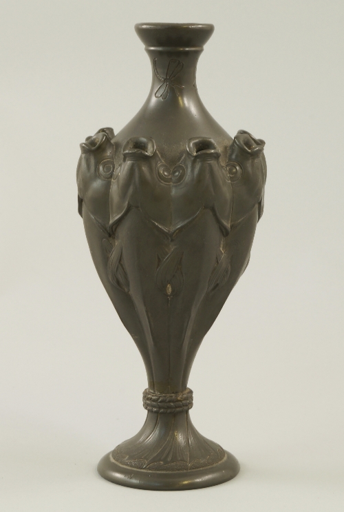 A Jugendstil pewter fish posy vase, late 19th/ early 20th century, circular top flaring to