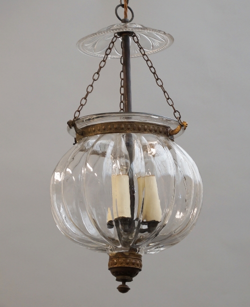 A matched set of four Val St Lambert style glass and bronzed pumpkin pendant lights, 20th century,