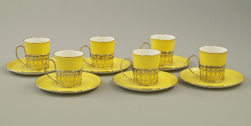 A Shelley six place silver mounted yellow and gilt demitasse service, mid 20th century, consisting