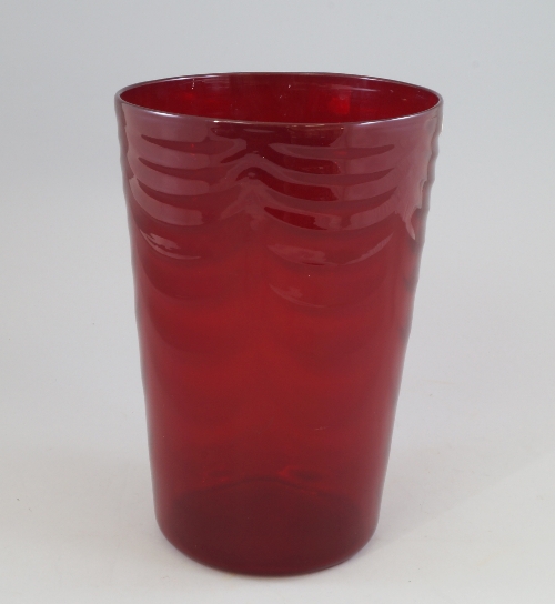 Whitefriars, mid 20th century, a large ruby red glass bucket vase with swag decoration to the