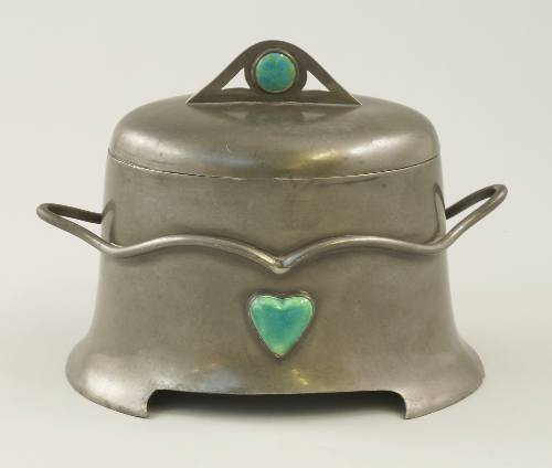 An Art Nouveau pewter and cabuchon mounted caddy by William Hutton & Sons, c.1900, the hinged oval