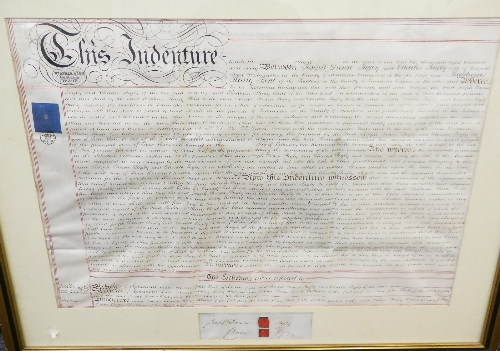 A 19th century framed and glazed indenture, 91cm wide.