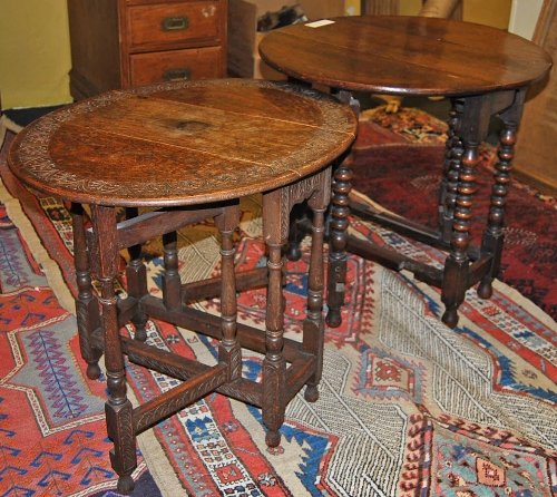 Two 20th century oak gateleg tables together with a George III toilet mirror (a/f), foot stool, a