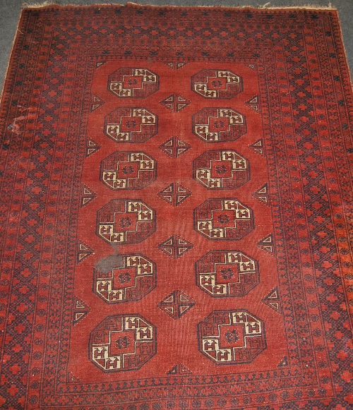 An Afghan Bokhara carpet, the field decorated with twelve elephant pad motifs, multi boardered and