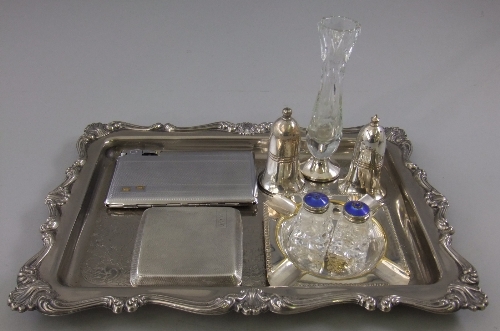 A Norwegian Sterling silver and enamel topped cut glass salt and pepper cruet set, boxed, together