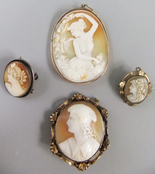 A 19th century carved shell cameo pendant of a young maiden with a garland of flowers, in a gold