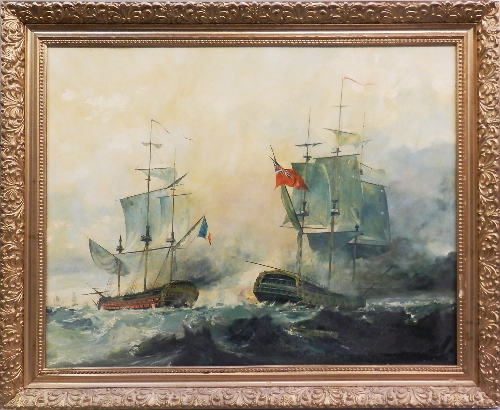 Late 20th Century- Naval battle scene; oil on board, in a gilt frame, 77x98cm