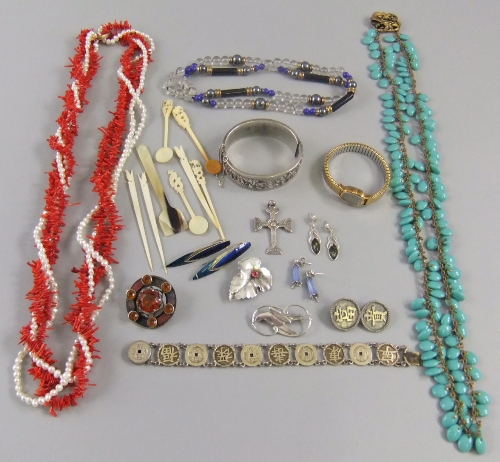 A collection of silver and costume jewellery to include an Iona silver cross pendant by Alexander