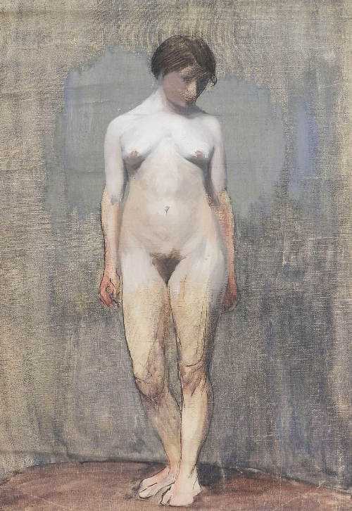British/European School, early 20th century- Female nude, standing full-length; oil on unstretchered